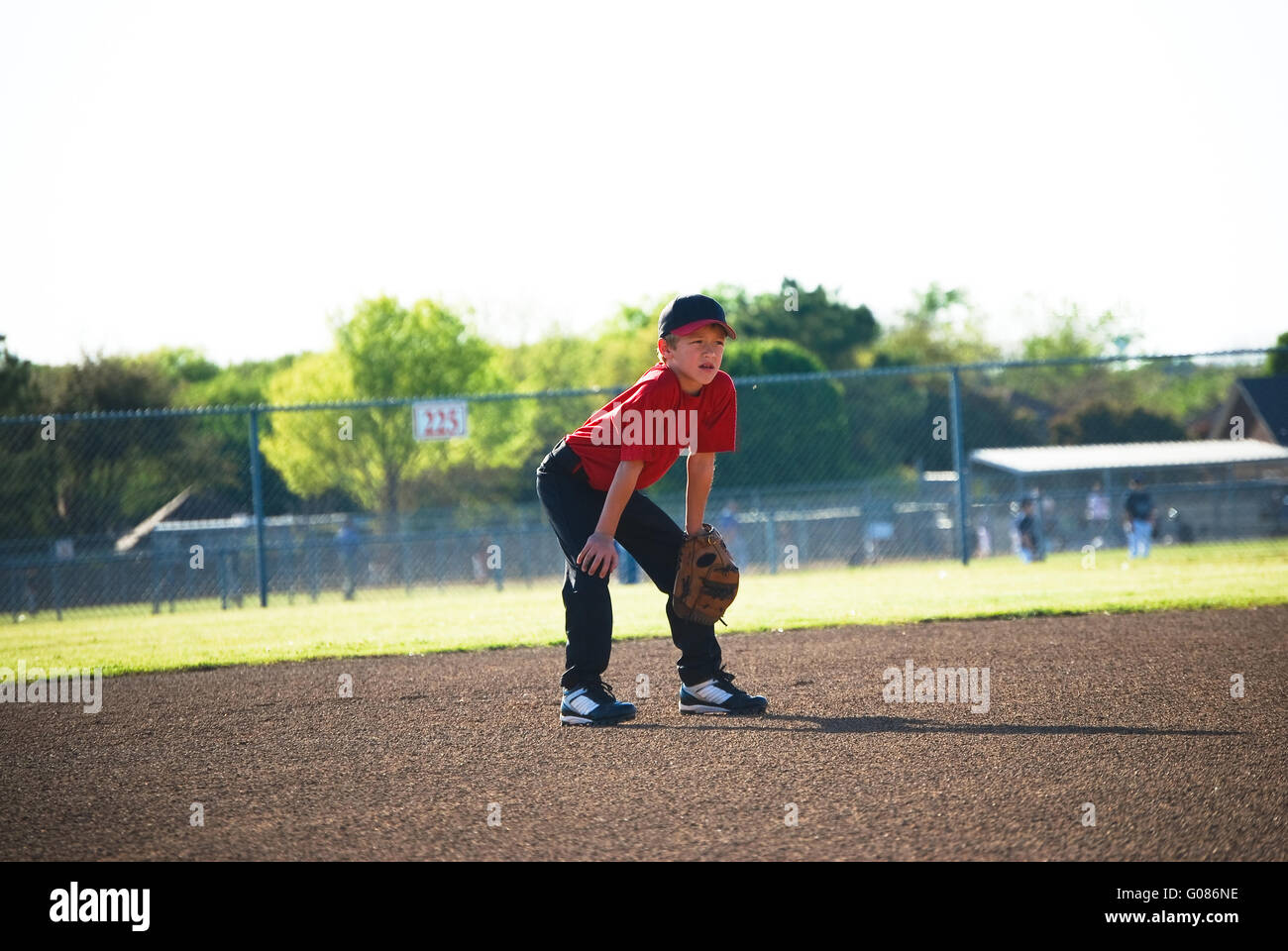 Baseball-Spieler in Bereitposition Stockfoto