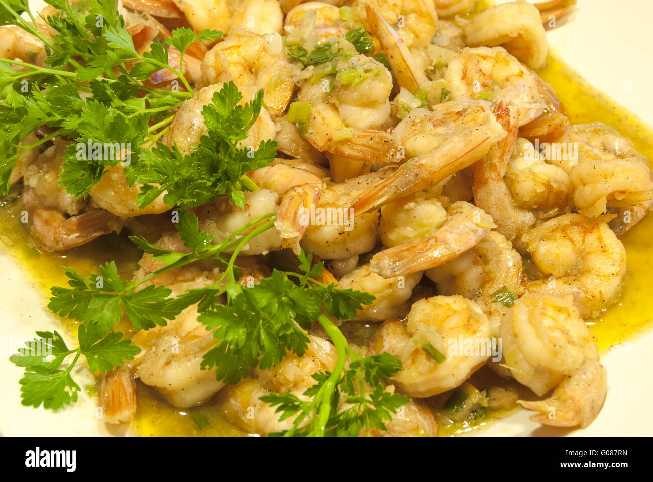 Garnelen gekocht mit Ingwer und Knoblauch gedünstet Witz Stockfoto