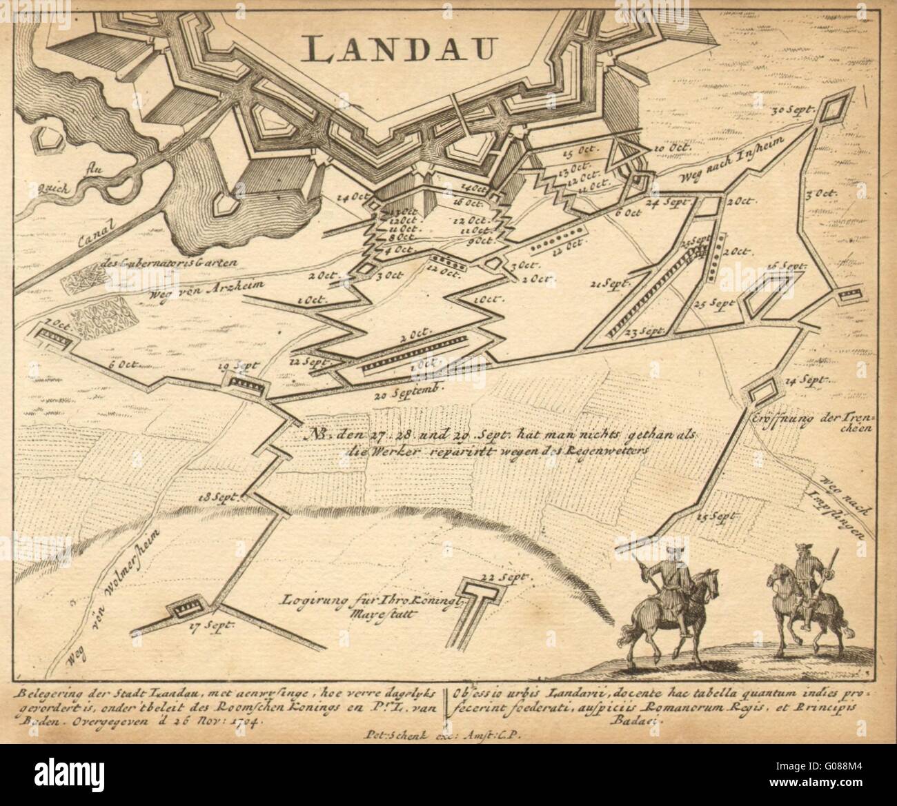 LANDAU: Stadtplan von Schenk. Knapp. Deutschland, 1710 Antike Landkarte Stockfoto