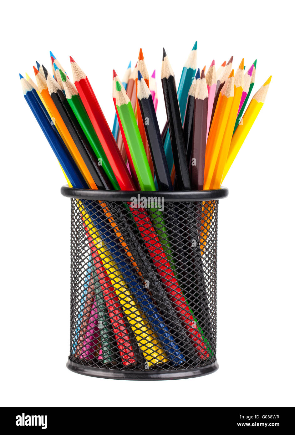 Verschiedenen Farbstiften in schwarzen Metall-container Stockfoto