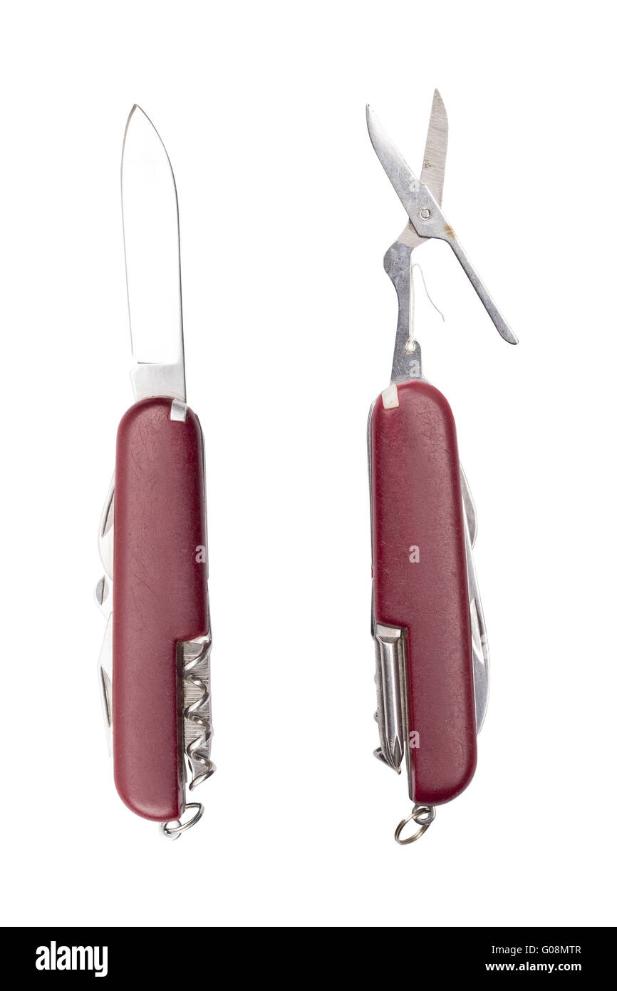 zwei rote Verwendung Tasche Messer, mit verschiedenen Werkzeugen, isoliert auf weiss Stockfoto
