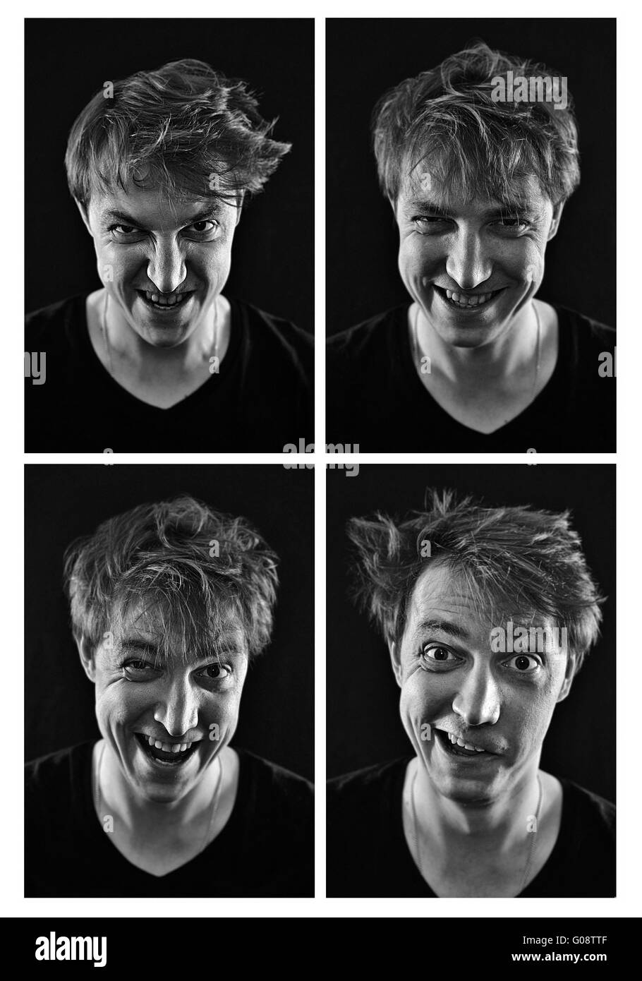 Collage aus verrückter junge Mann Emotionen Stockfoto