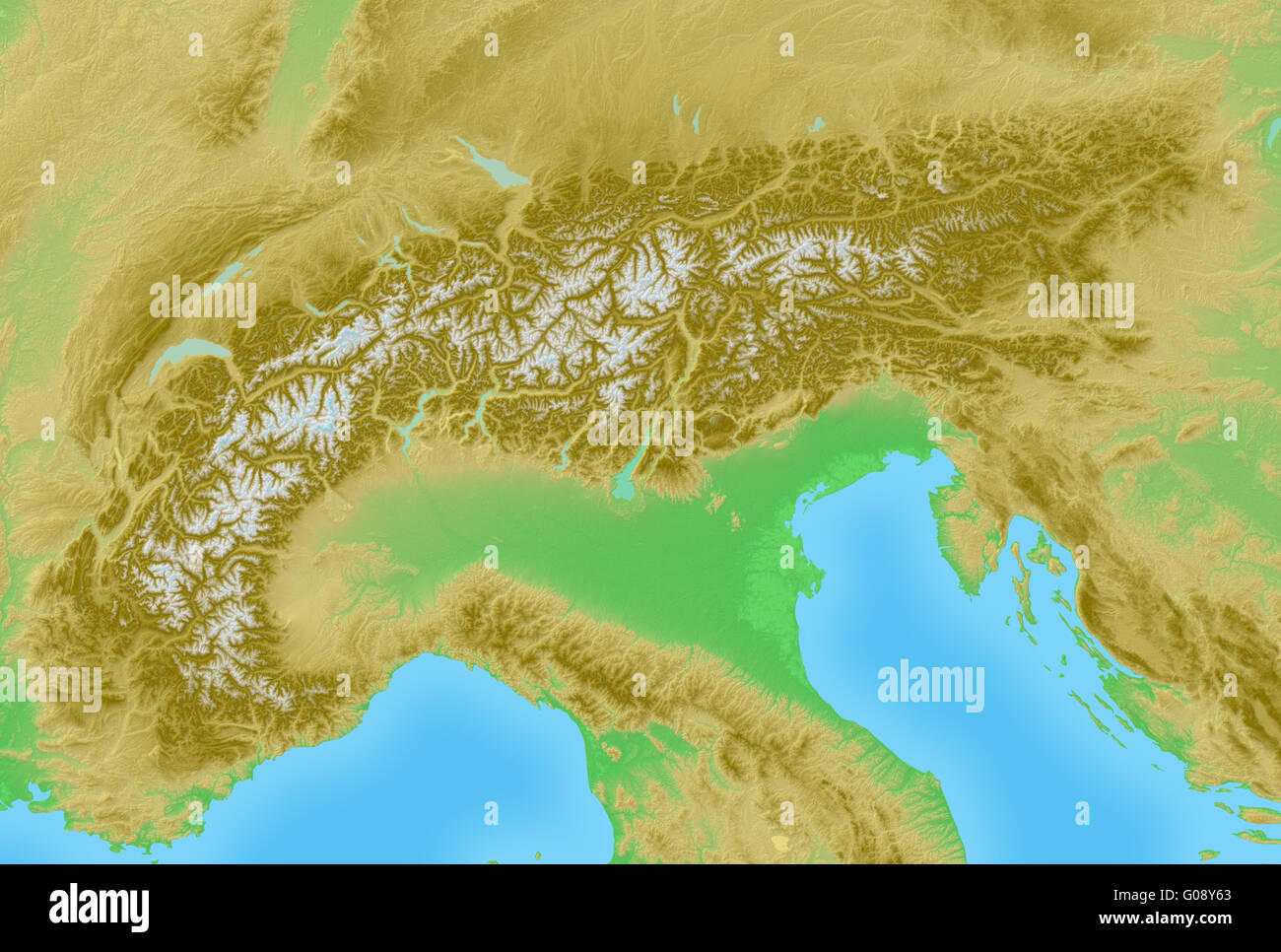 Topographische Reliefkarte Alpen Stockfoto
