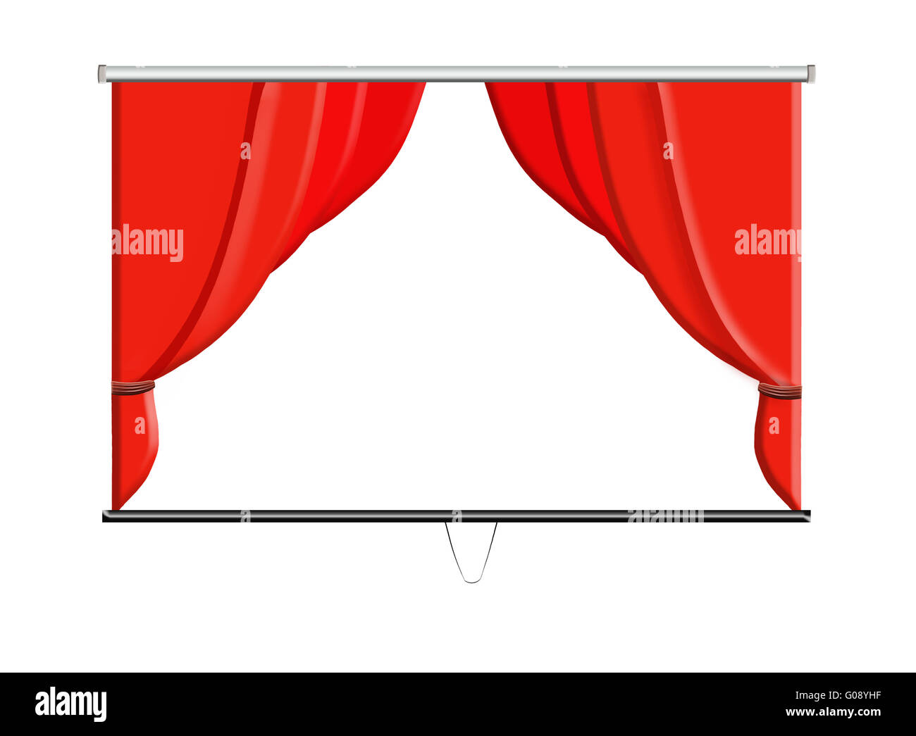 weißer Bildschirm mit roten Vorhängen isoliert auf die whi Stockfoto
