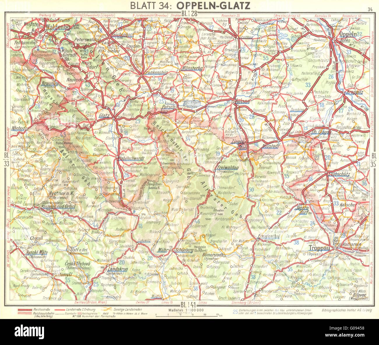 Polen: Oppeln-Glatz, 1936 Vintage Karte Stockfotografie - Alamy