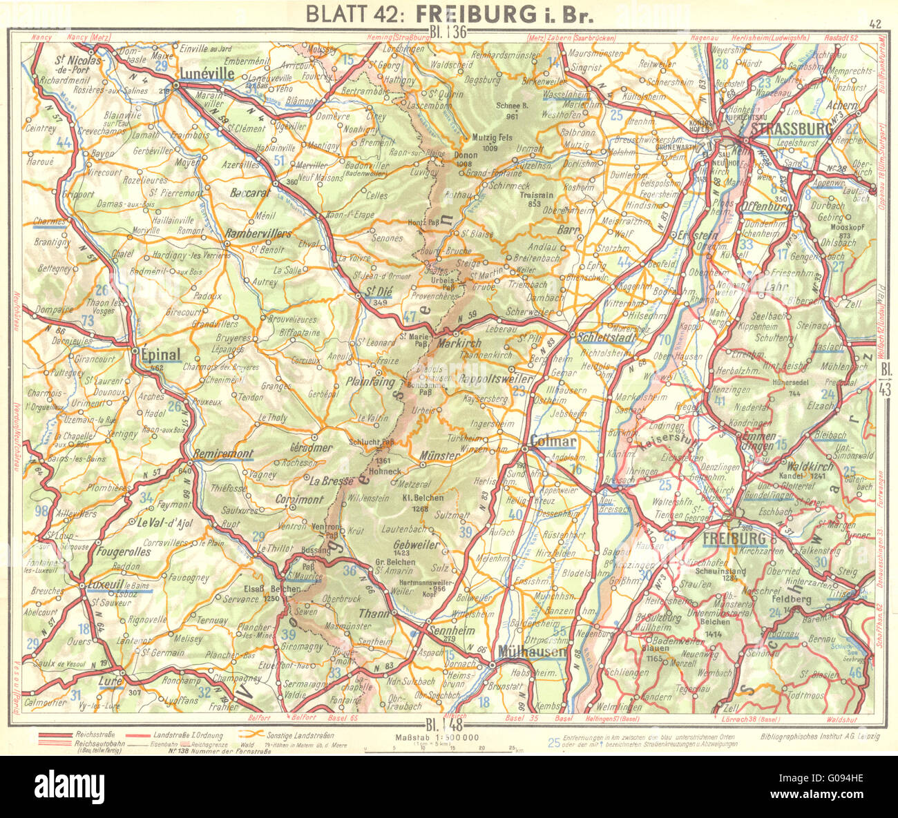 Deutschland: Karte Freiburg i Br, Jahrgang 1936 Stockfoto