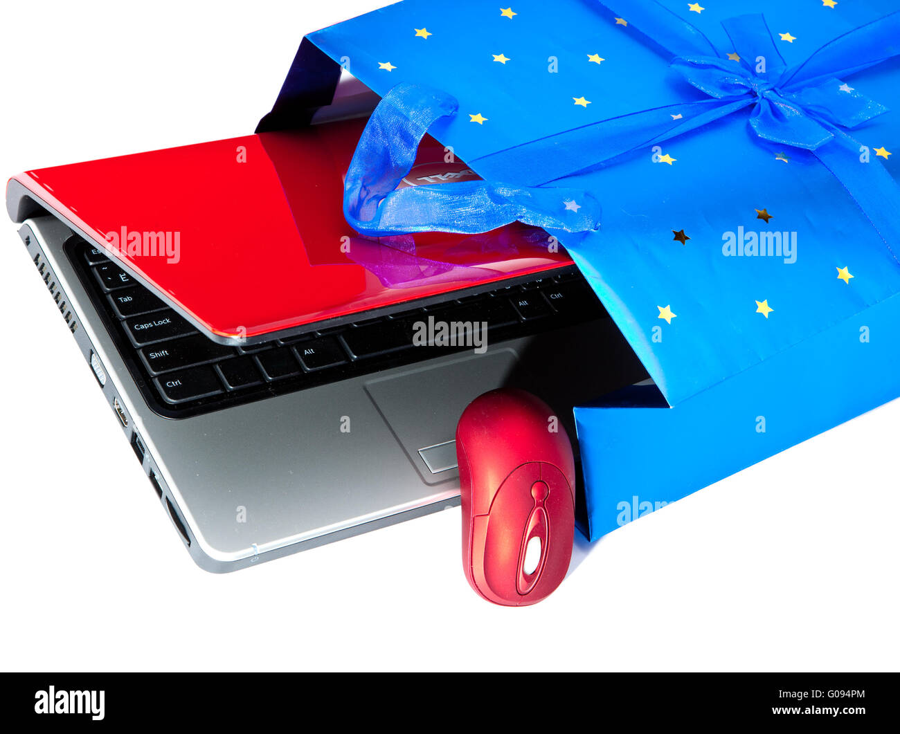 Rote Laptop und Computer-Maus sind verpackt in einer Stockfoto