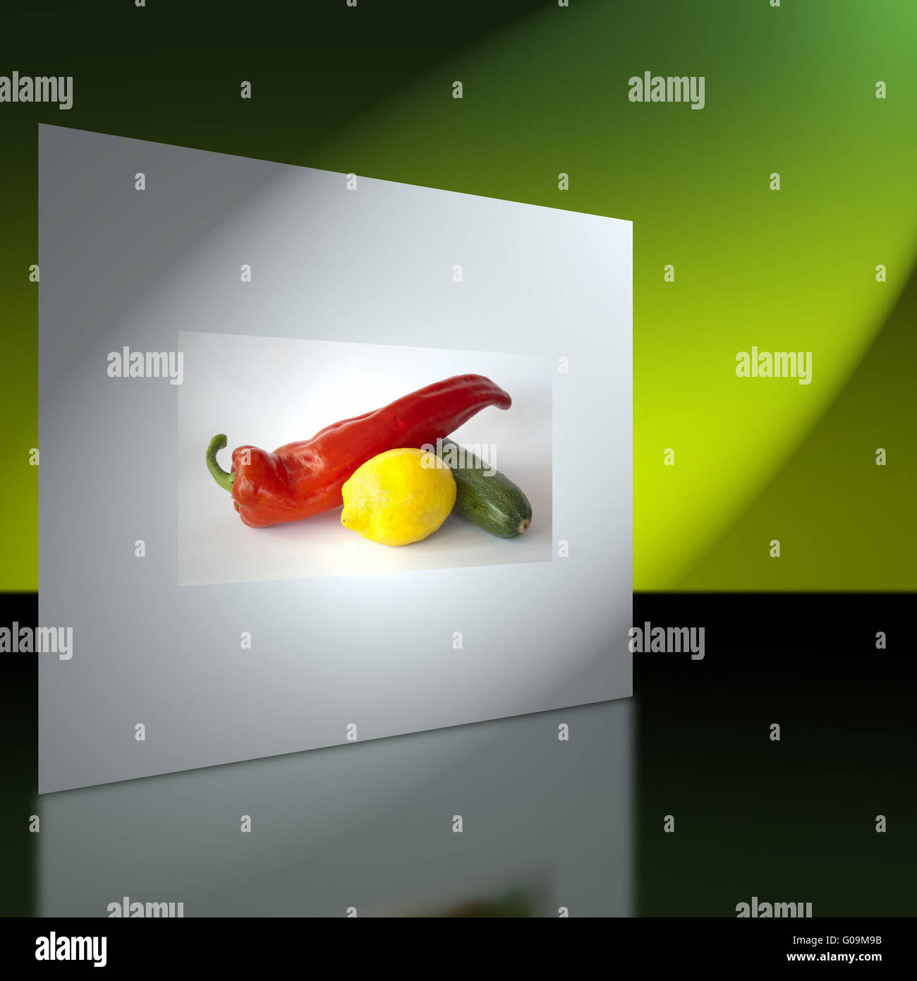 Wand mit Bild von Paprika, Zucchini und Zitrone Stockfoto