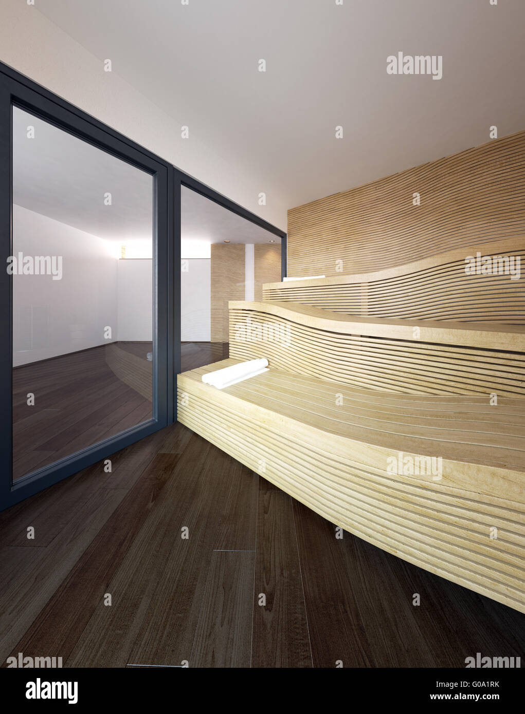 Architektonische Interieur Des Modernen Sauna Im Luxus Haus Mit Wellig Aus Holz Liege Sitzbanke Und Gewalzten Weisse Handtucher Fur Die Gaste 3d Rendering Stockfotografie Alamy