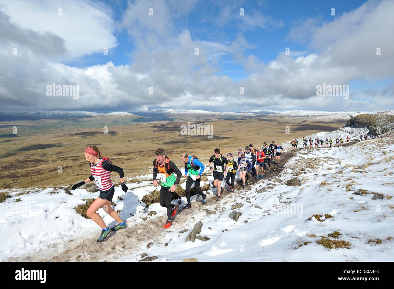 Läufer im Rennen drei Gipfeln fiel auf Pen-y-Gent in Yorkshire Dales Stockfoto