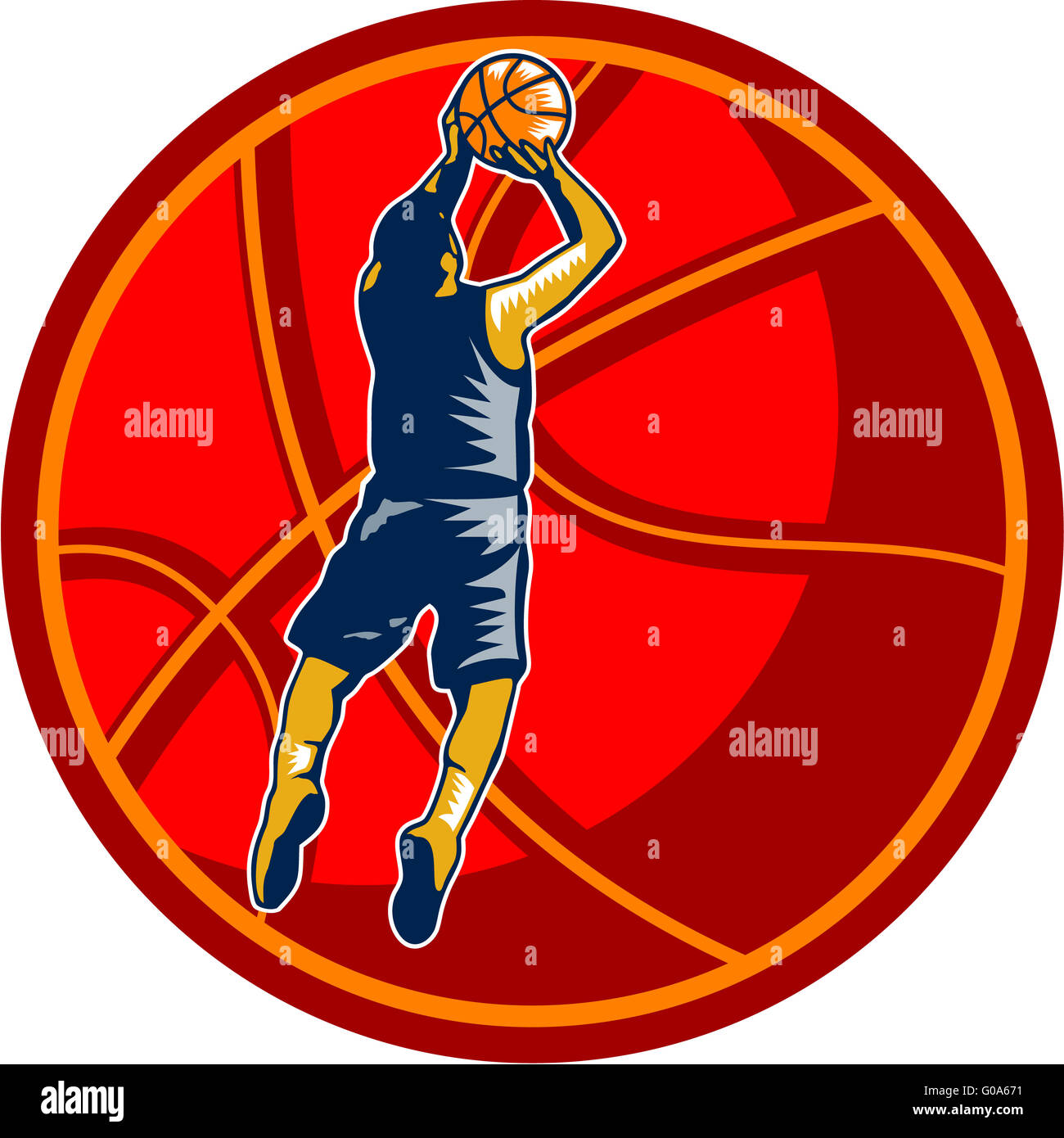 Basketball Spieler Sprungwurf Ball Holzschnitt retro Stockfoto