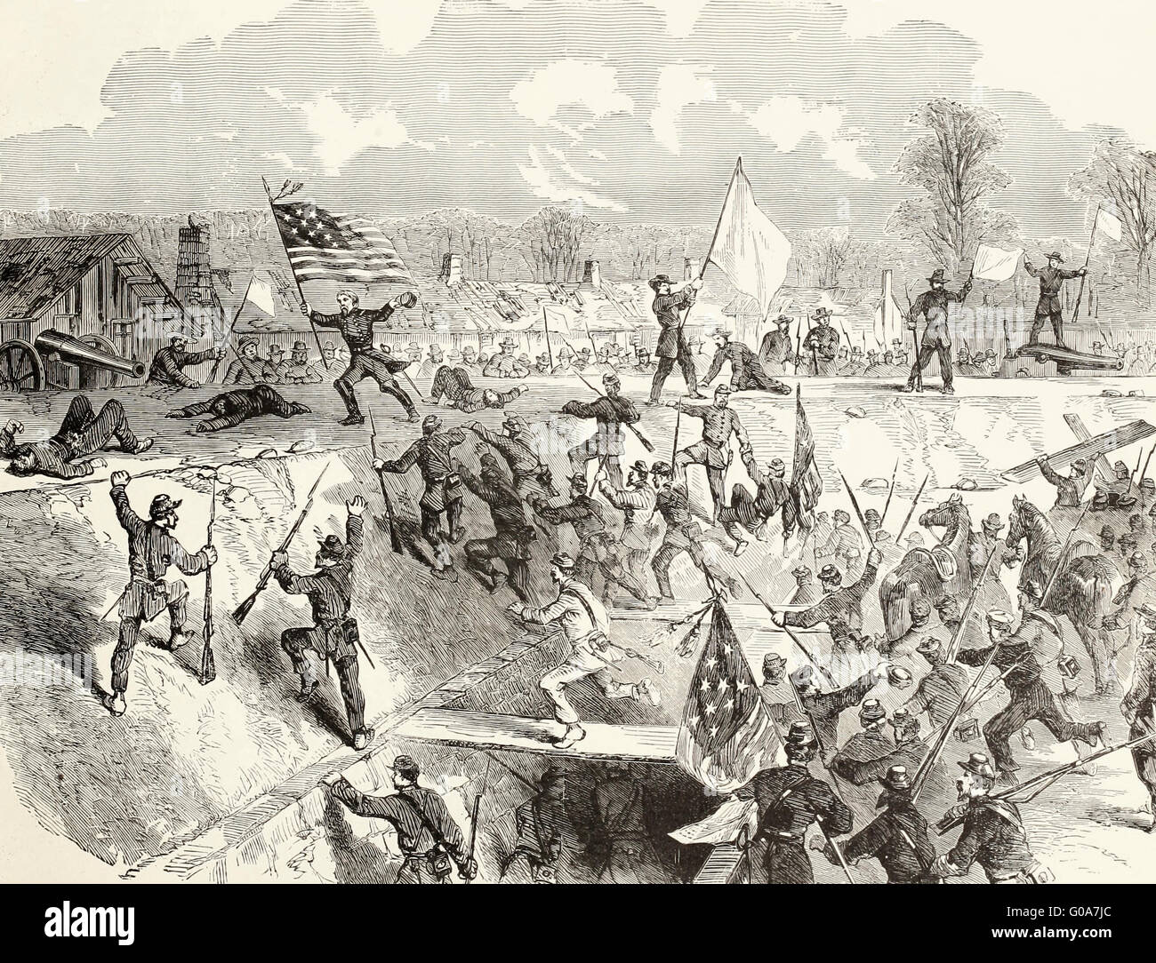 Das Erfassen der Arkansas Post, Arkansas - General Stephen G Burbridge, begleitet von seinen Mitarbeitern, Pflanzen die Stars And Stripes auf Fort Hindman, 11. Januar 1863. USA Bürgerkrieg Stockfoto