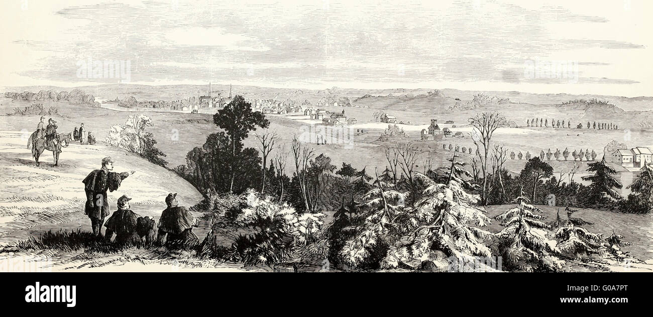 Fredericksburg, Virginia und der Konföderierten Batterien und Zaunlatten aus Falmouth Heights, Hauptquartier von General Burnside, USA Bürgerkrieg gesehen Stockfoto