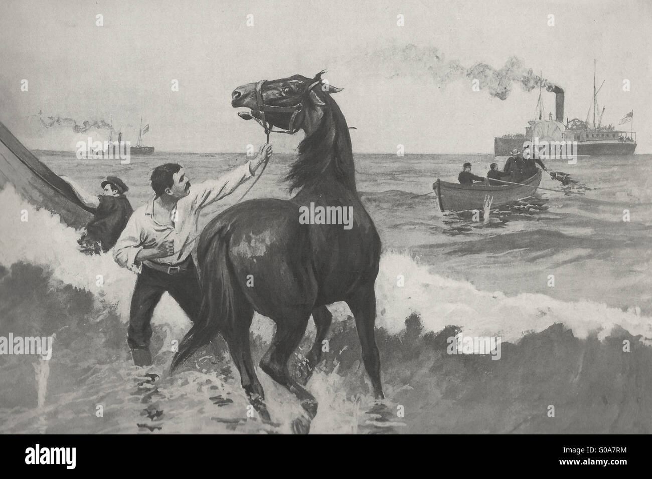 Gussie Expedition - Landung Pferde durch die Brandung unter Beschuss vom Ufer - Spanisch-amerikanischer Krieg, 1898 Stockfoto