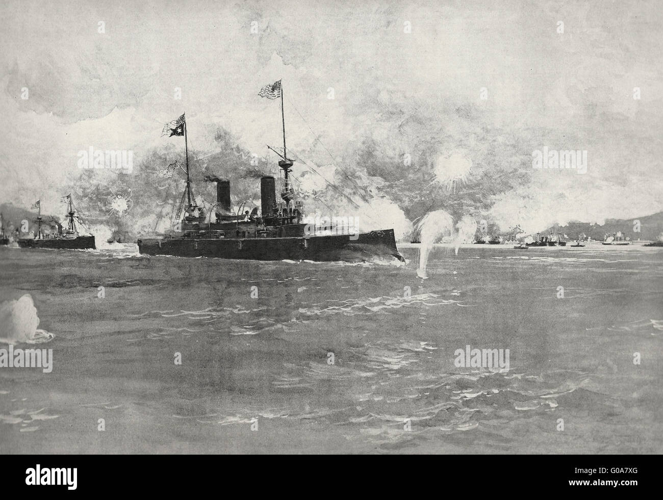 Die Schlacht von Manila - Admiral Dewey Squadron der Ellipse, während des Spanisch-Amerikanischen Krieges geschwungen Stockfoto