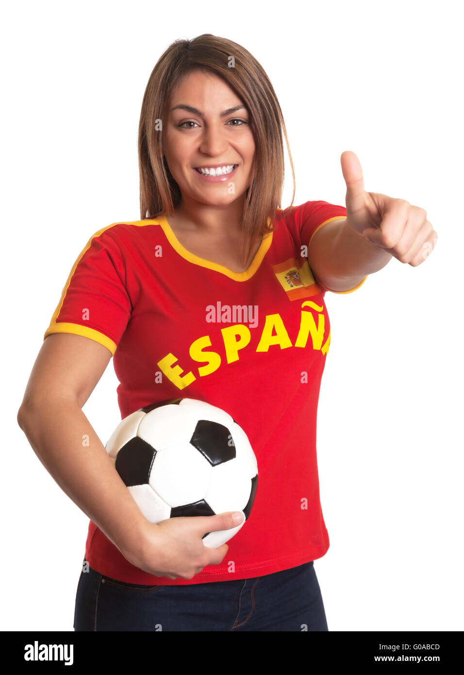 Spanierin mit Fußball Daumen auftauchen Stockfoto