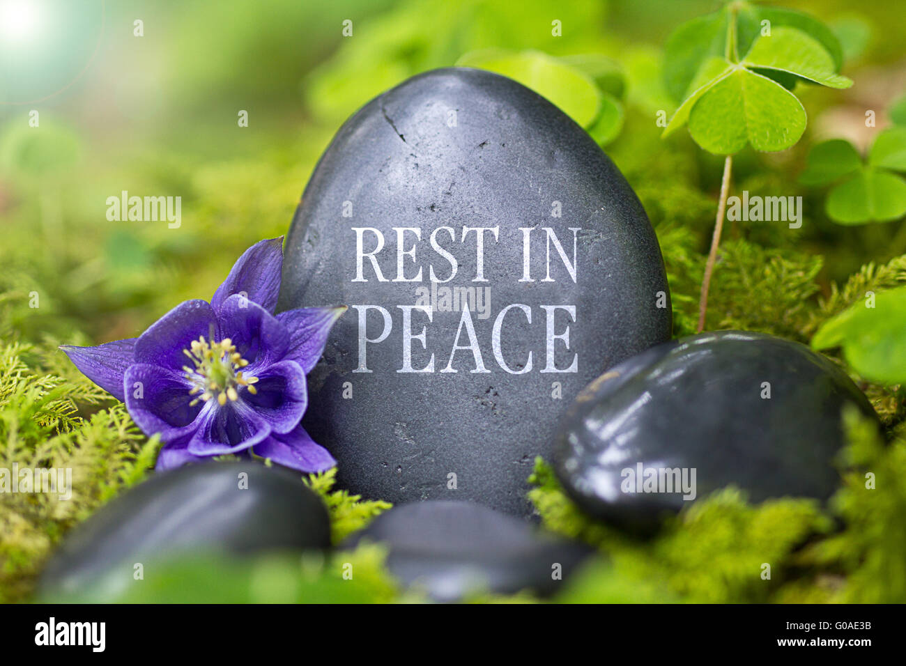 Schwarzer Stein mit den Worten "Rest in Peace" Stockfoto
