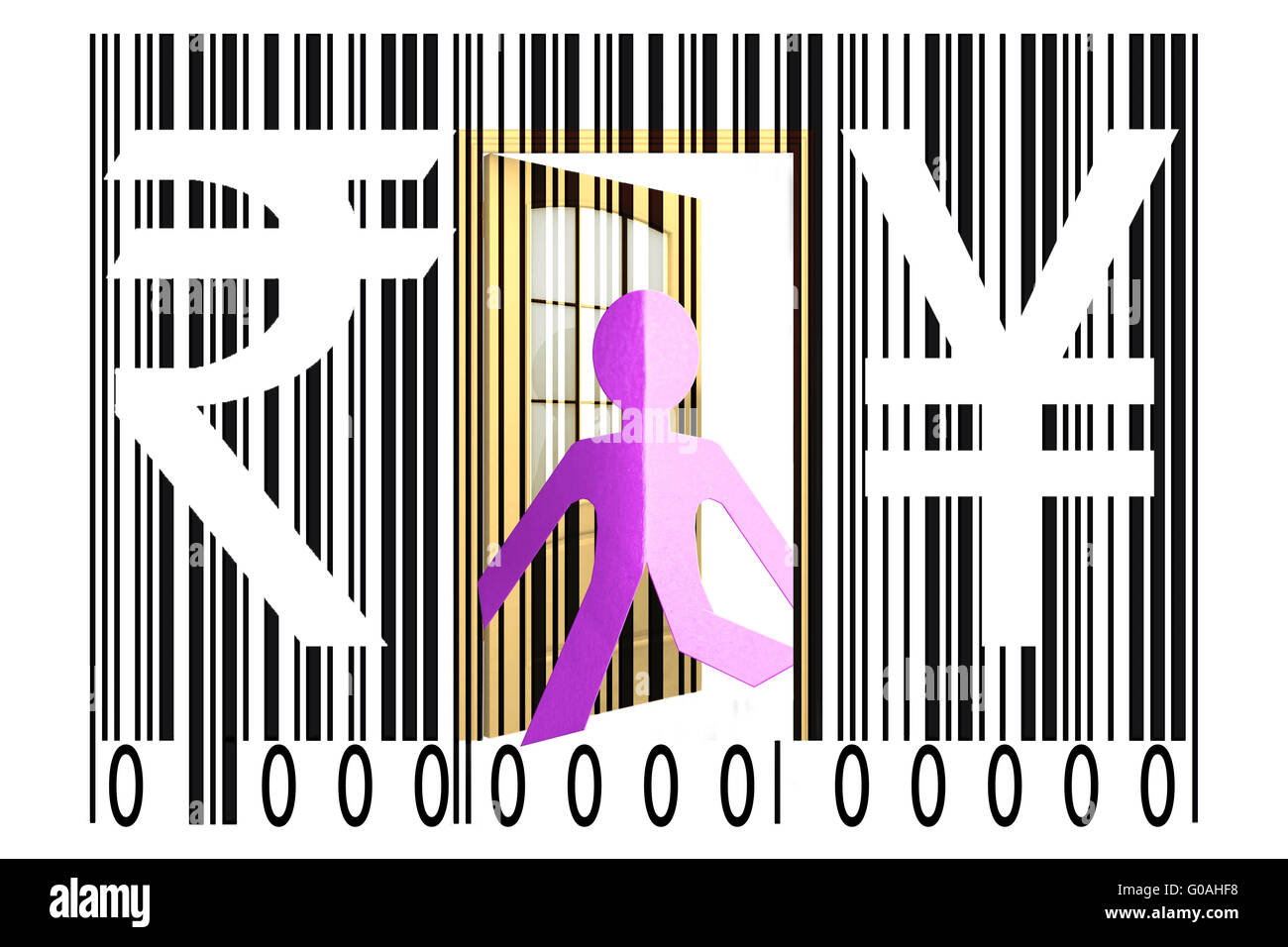 Paperman aus einen Barcode mit Rupie und Yen-Zeichen Stockfoto