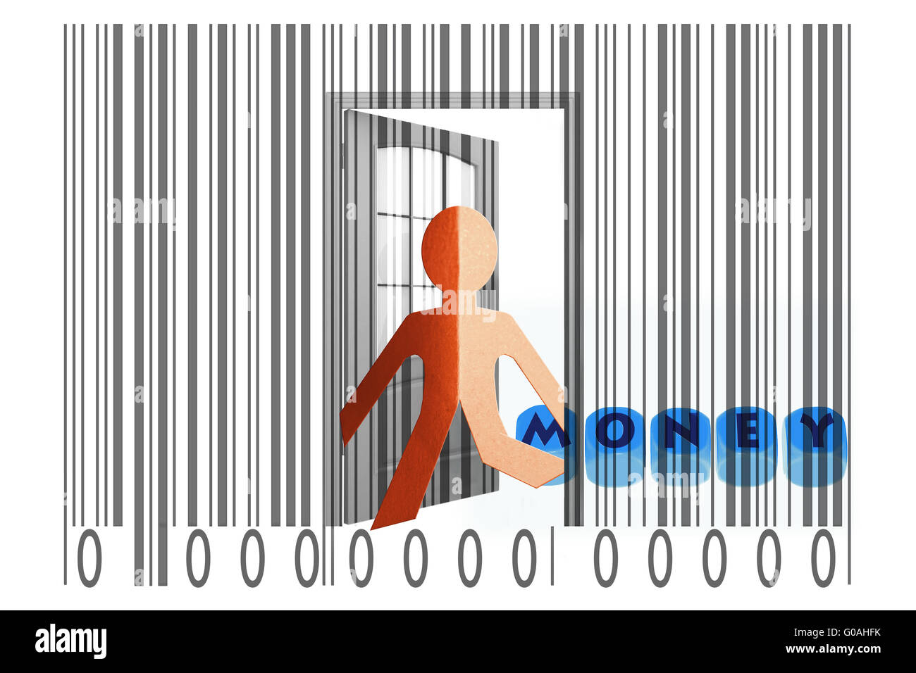 Paperman einen Barcode mit Geld Wort aus Stockfoto