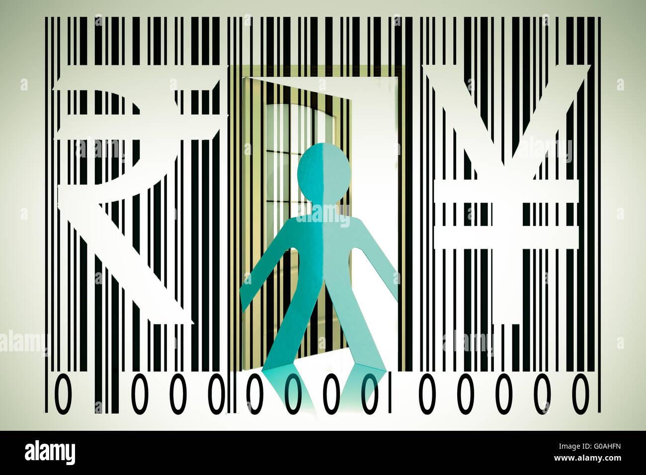 Paperman aus einen Barcode mit Rupie und Yen-Zeichen Stockfoto