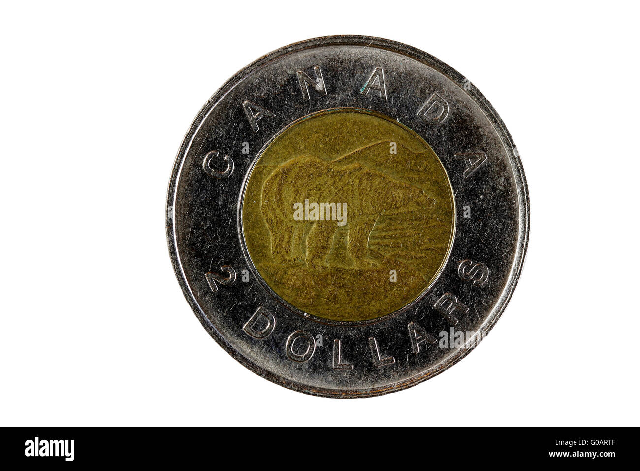 Seite des kanadischen zwei-Dollar-Metallmünze zu tragen Stockfoto
