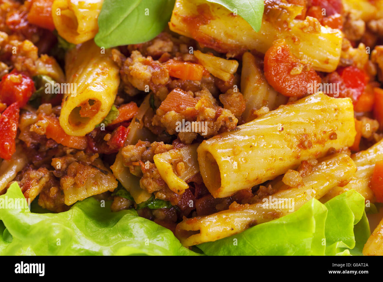 Tortiglioni mit Sauce Bolognese auf Platte Stockfoto