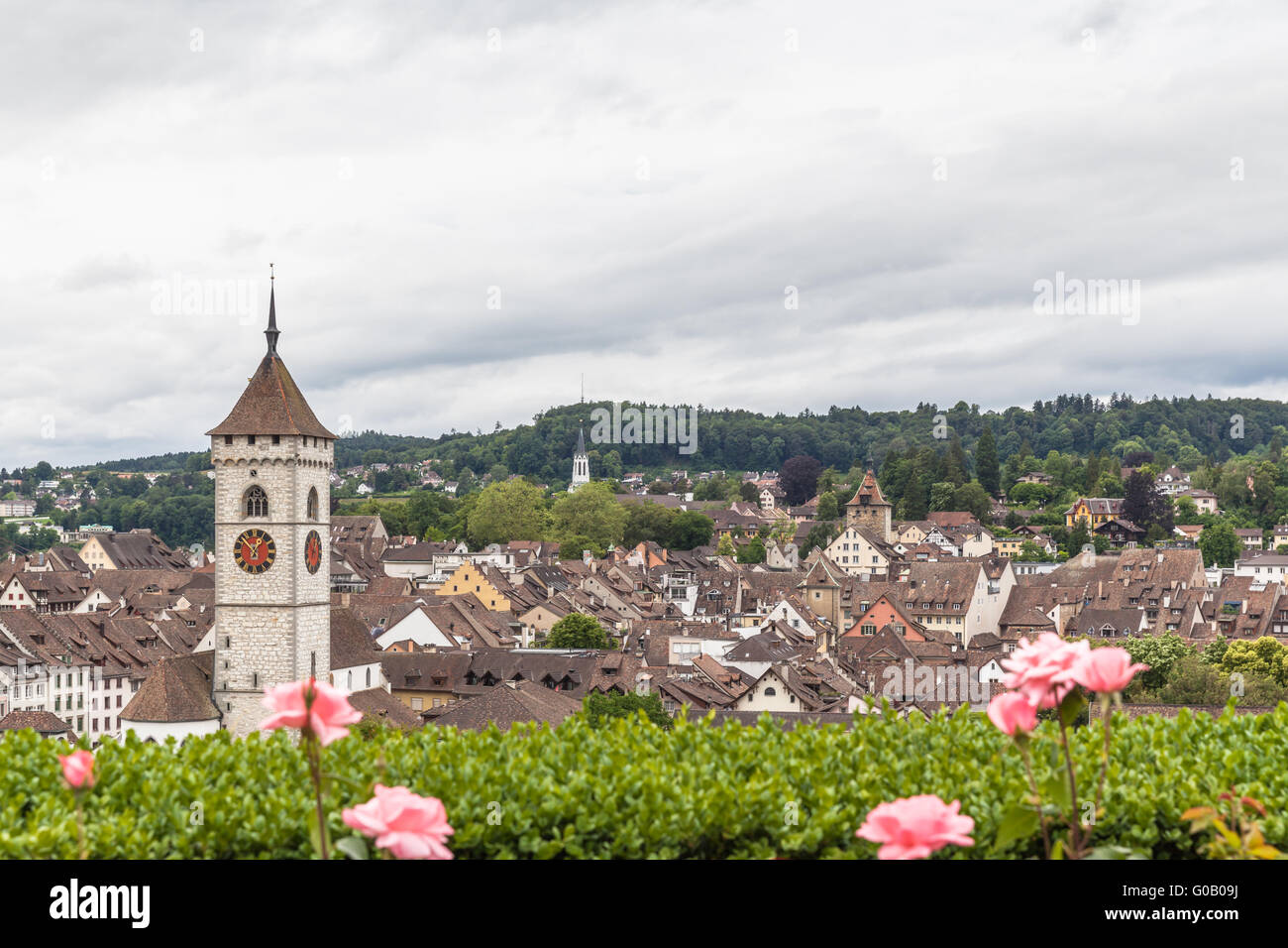 Auffassung der Schaffhauser Altstadt aus dem Garten an einem Clooudy Tag, Schaffhausen, Schweiz Stockfoto