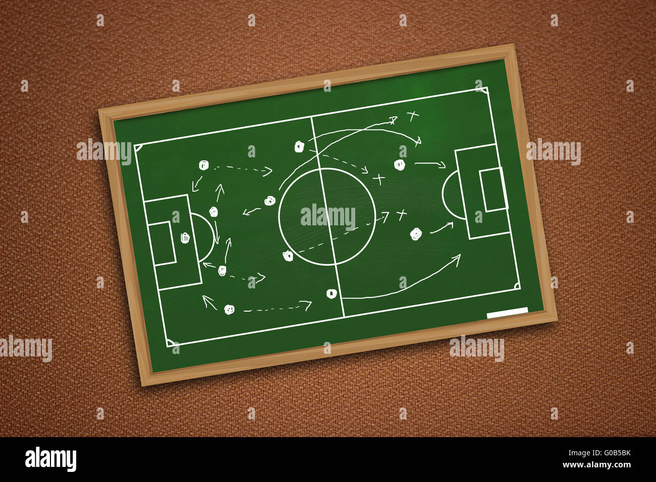 Zeichnung der Fußball oder Fußball-Spiel-Strategie auf grüne Tafel über strukturierte Wand Tafel Stockfoto