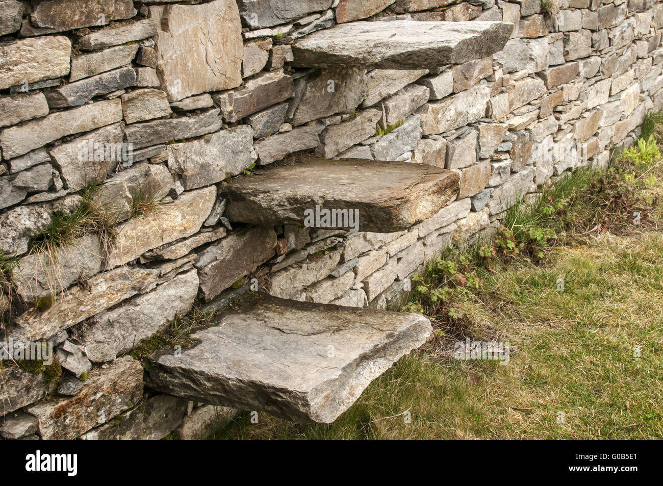 Steinstufen in Garten trockenes Mauerwerk stonewall clos Stockfoto