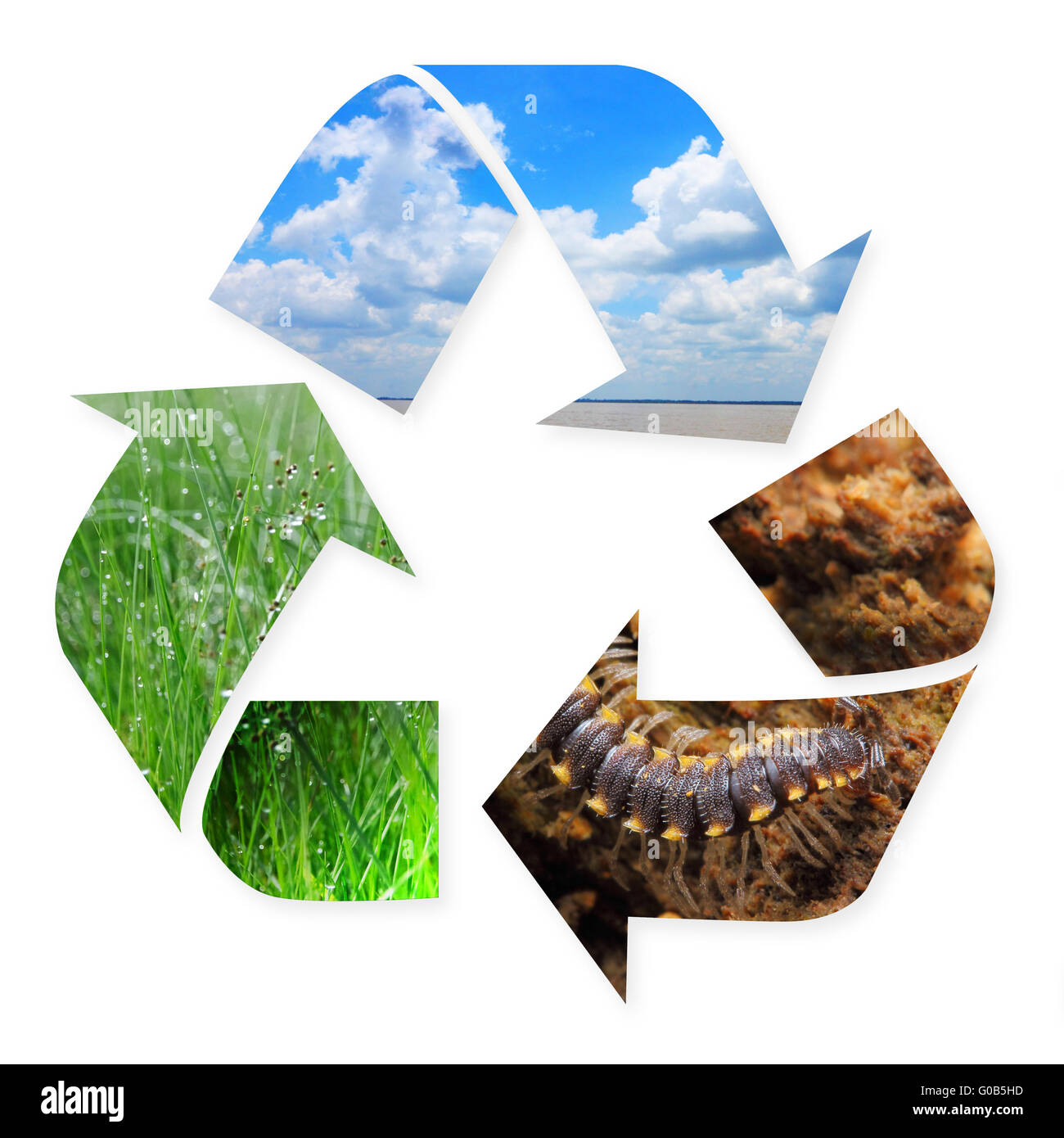 Recycling-Symbol mit Naturbilder Gras, Luft und Boden in ihr isoliert auf weiss Stockfoto
