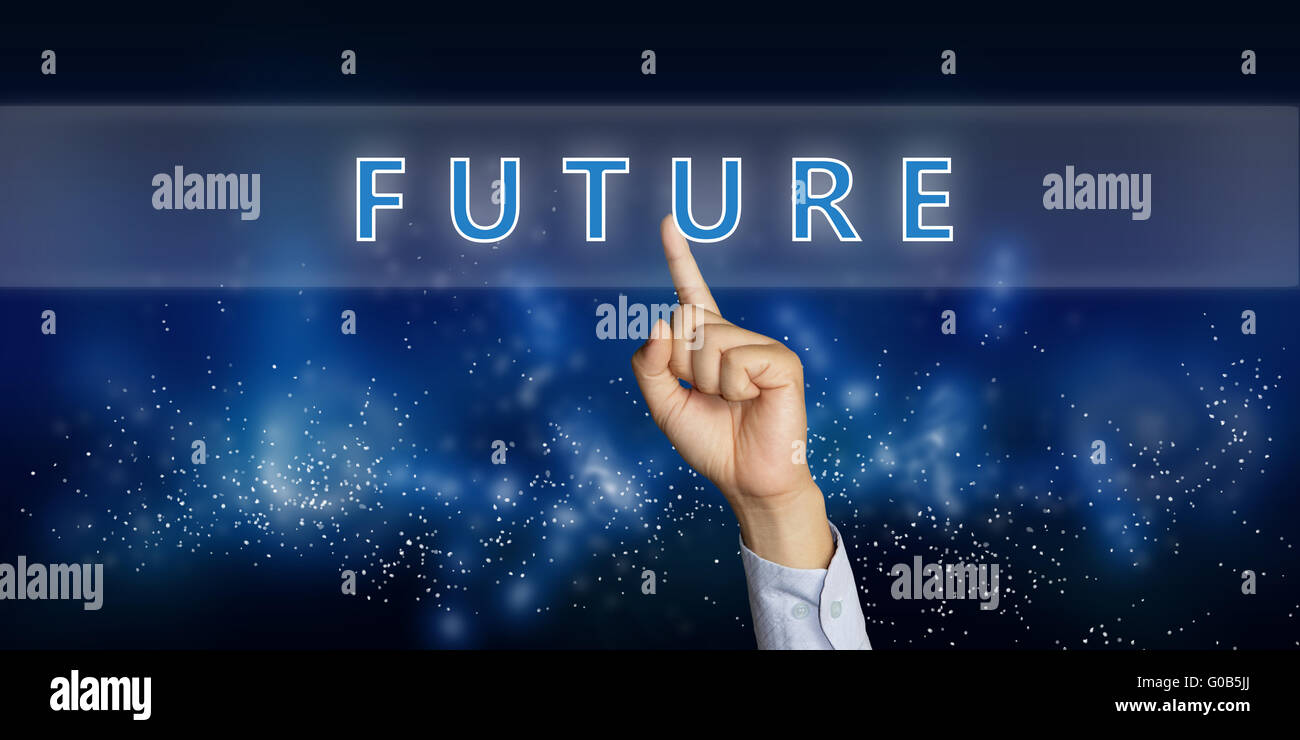 Business Konzept Bild einer Geschäftsmann Hand klicken Sie Zukunft auf virtuellen Bildschirm über Raum-Hintergrund Stockfoto