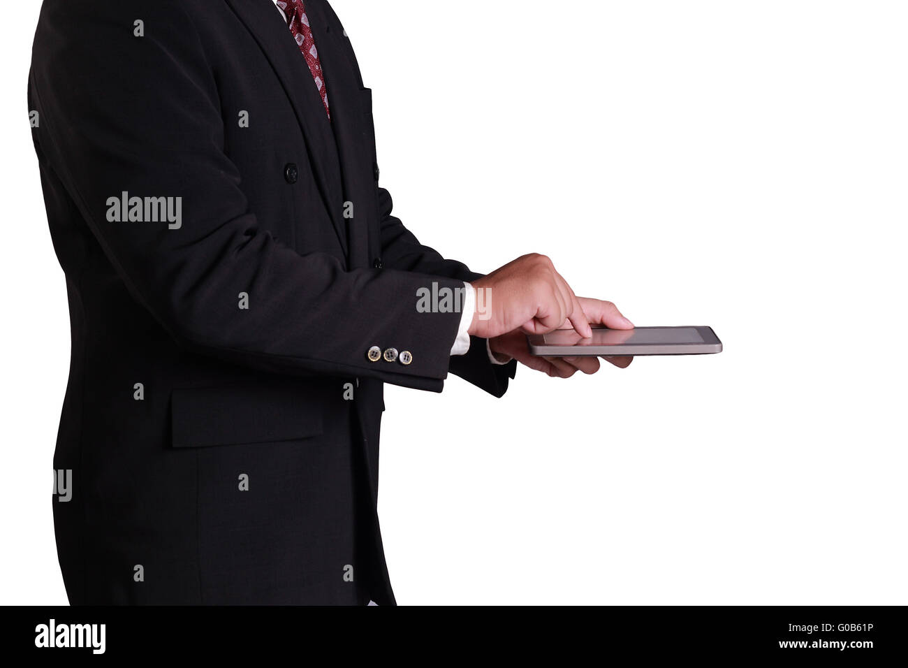 Firmen-Konzept-Image eines Geschäftsmannes mit digital-Tablette, Seitenansicht, isoliert auf weiss Stockfoto