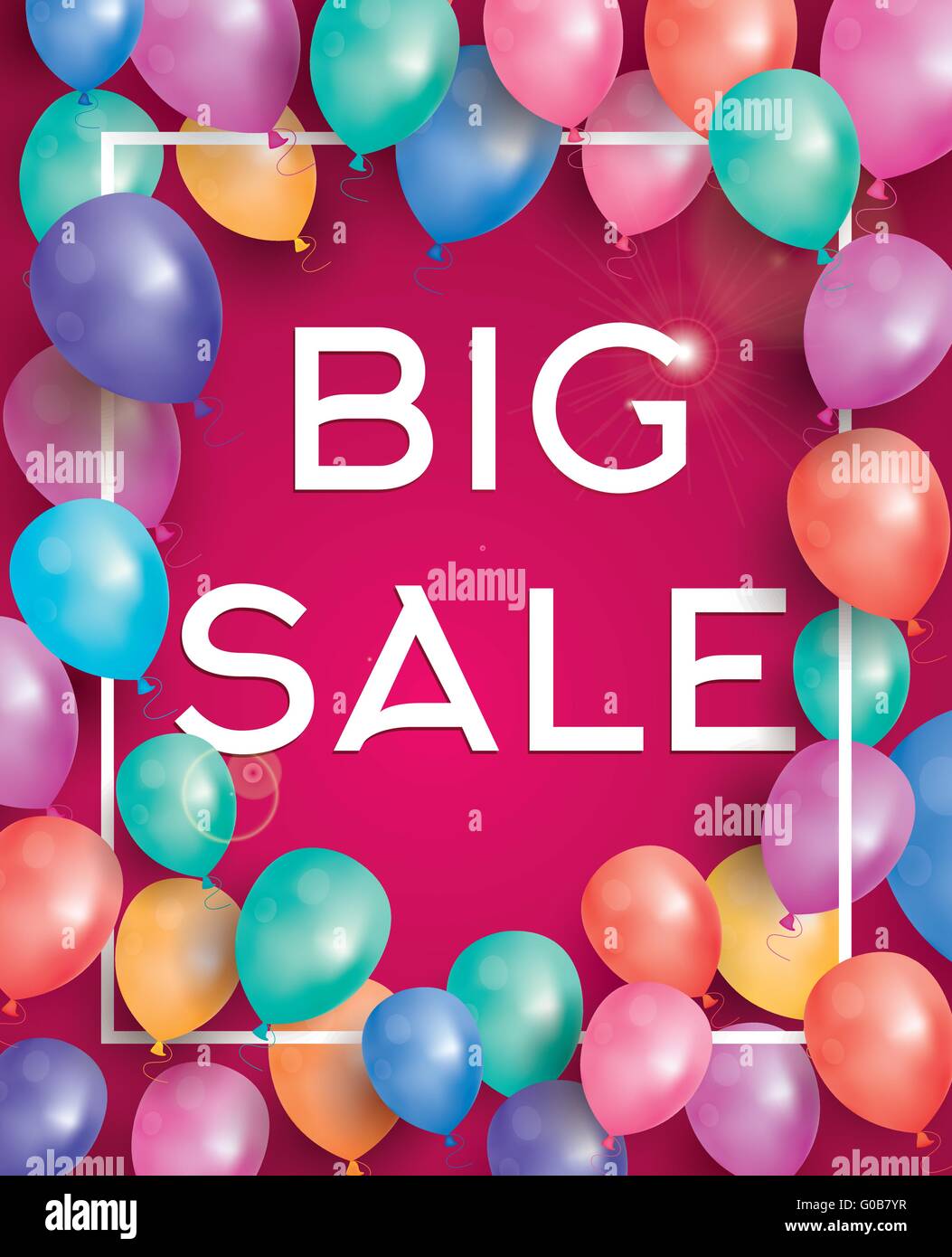 Großen Verkaufsposter auf rotem Grund mit fliegenden Ballons und weißen Rahmen. Vektor-Illustration. Big Sale Banner. Stock Vektor