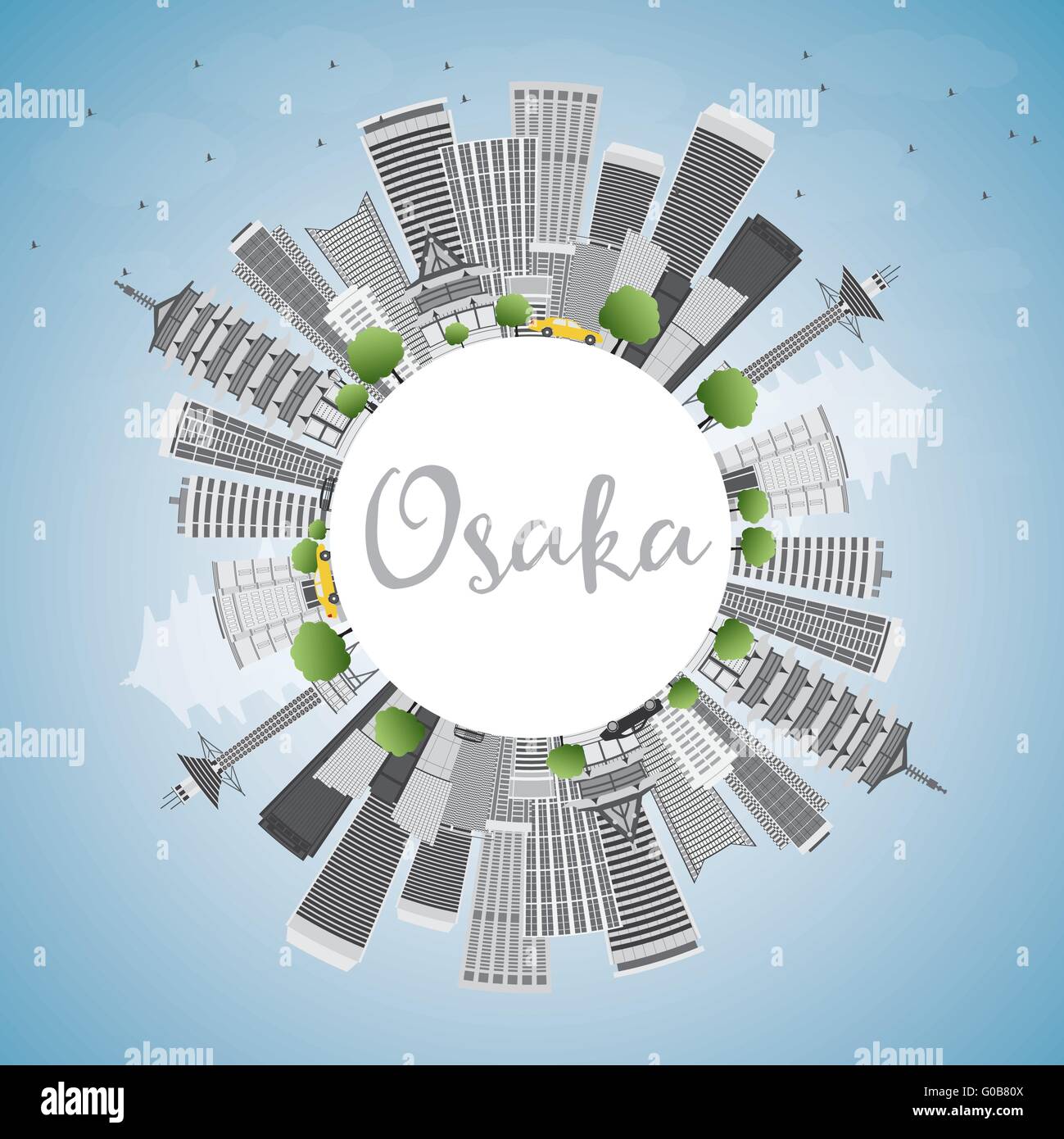 Osaka Skyline mit grauen Gebäuden, blauer Himmel und Textfreiraum. Vektor-Illustration. Wirtschaft und Tourismus-Konzept Stock Vektor