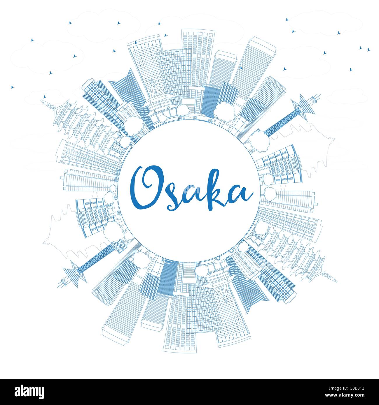 Umriss Osaka Skyline mit blauen Gebäuden und Textfreiraum. Vektor-Illustration. Wirtschaft und Tourismus-Konzept mit modernen Gebäude Stock Vektor