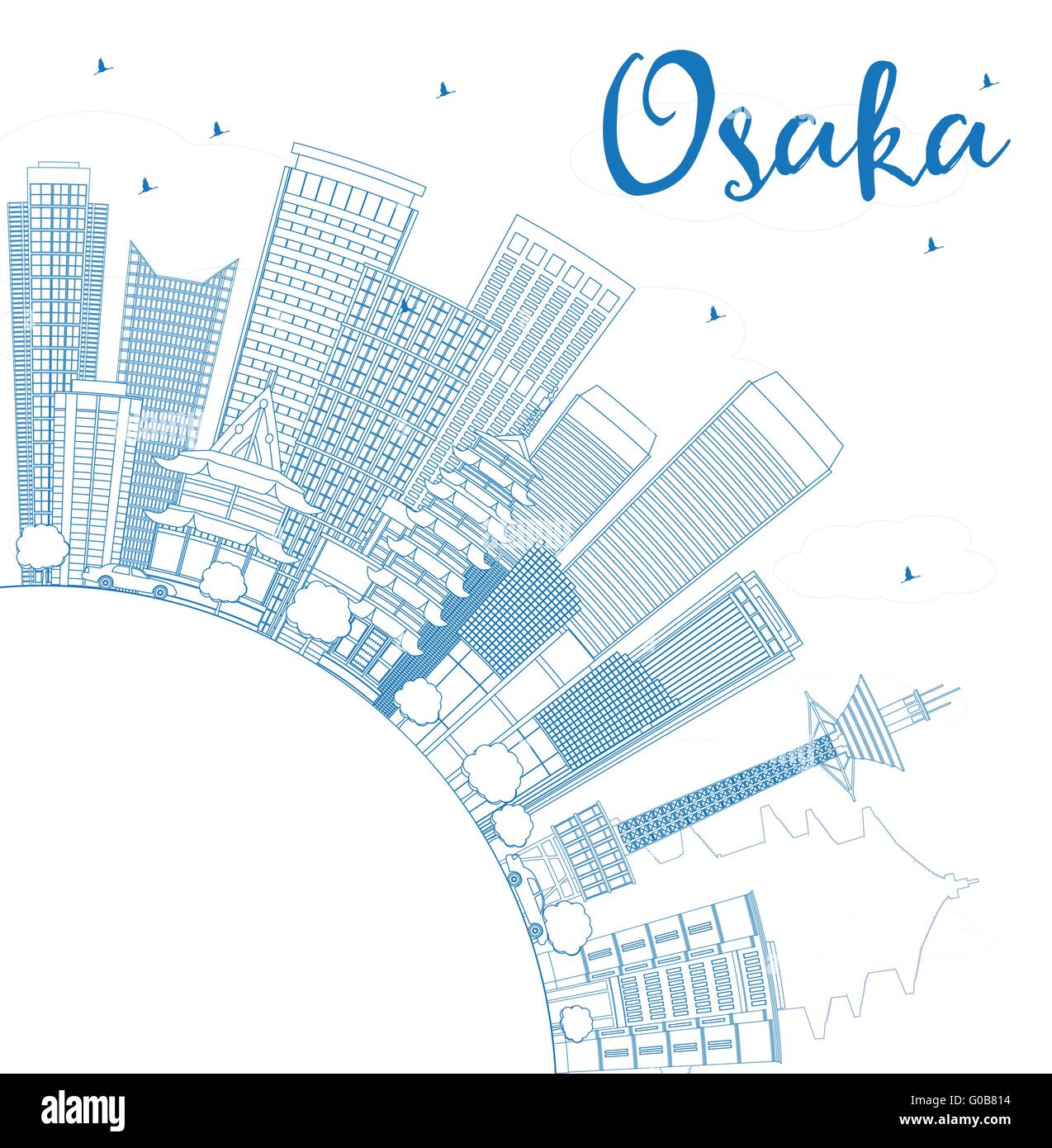 Umriss Osaka Skyline mit blauen Gebäuden und Textfreiraum. Vektor-Illustration. Wirtschaft und Tourismus-Konzept Stock Vektor