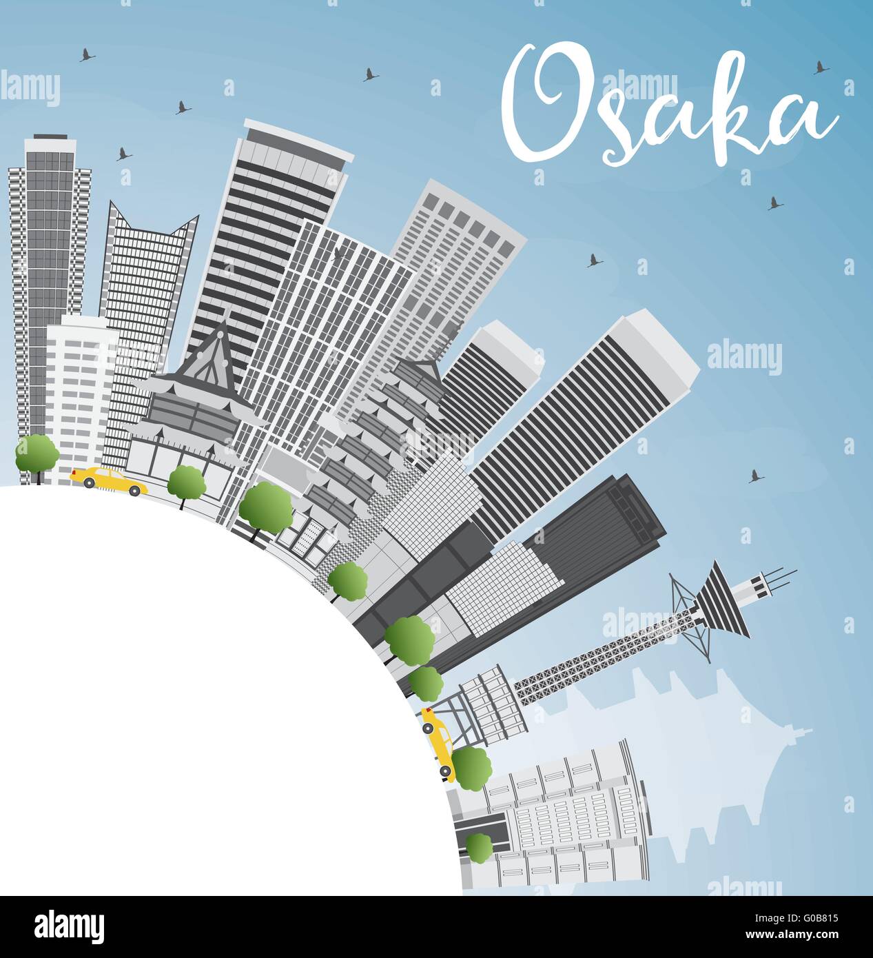 Osaka Skyline mit grauen Gebäuden, blauer Himmel und Textfreiraum. Vektor-Illustration. Wirtschaft und Tourismus-Konzept Stock Vektor