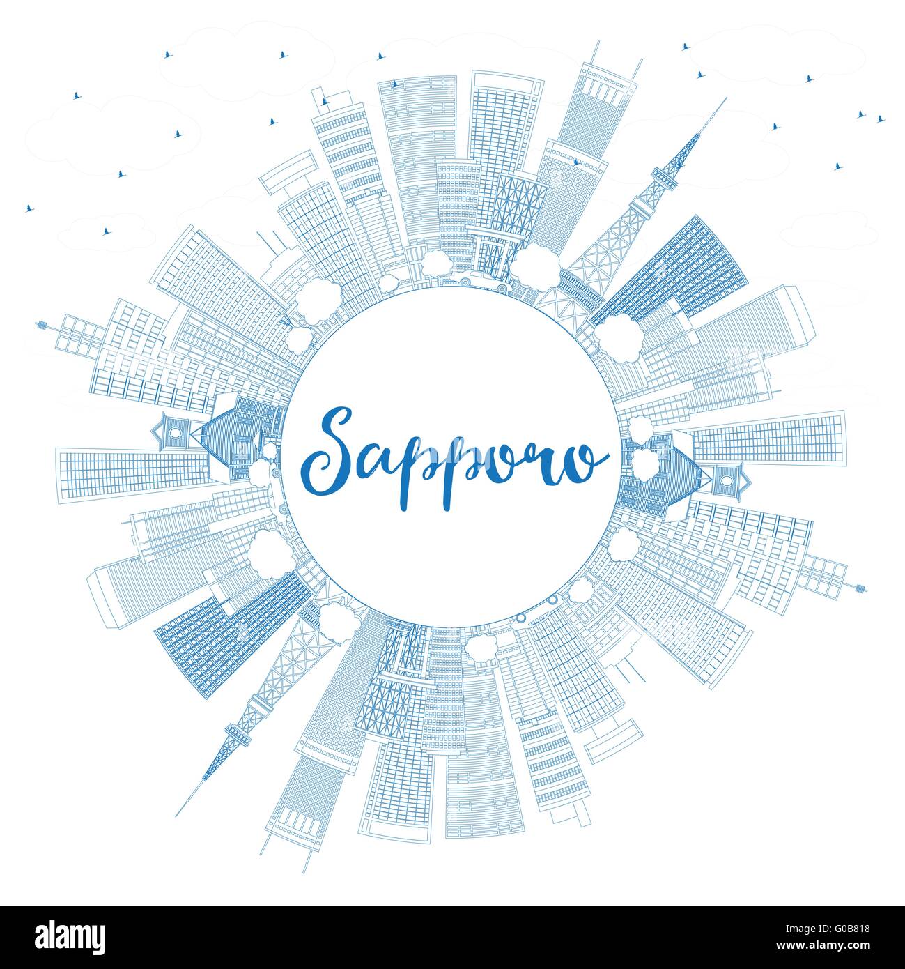 Umriss Sapporo mit blauen Gebäuden und textfreiraum Skyline. Vektor-Illustration. Wirtschaft und Tourismus-Konzept Stock Vektor