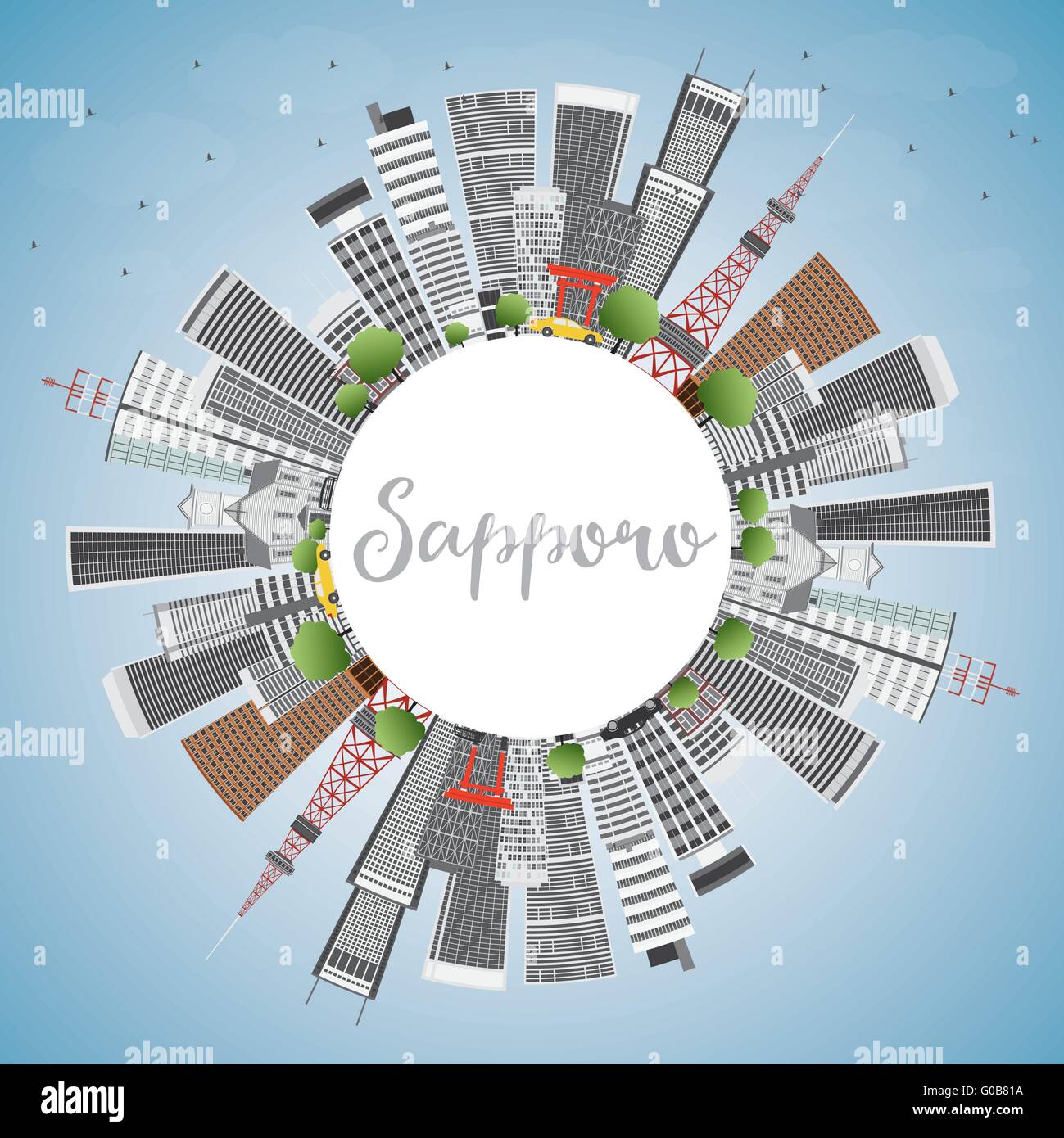 Sapporo Skyline mit grauen Gebäuden, blauer Himmel und Textfreiraum. Vektor-Illustration. Wirtschaft und Tourismus-Konzept Stock Vektor