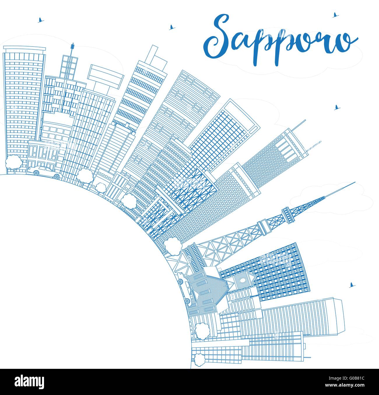 Umriss Sapporo mit blauen Gebäuden und textfreiraum Skyline. Vektor-Illustration. Wirtschaft und Tourismus-Konzept Stock Vektor
