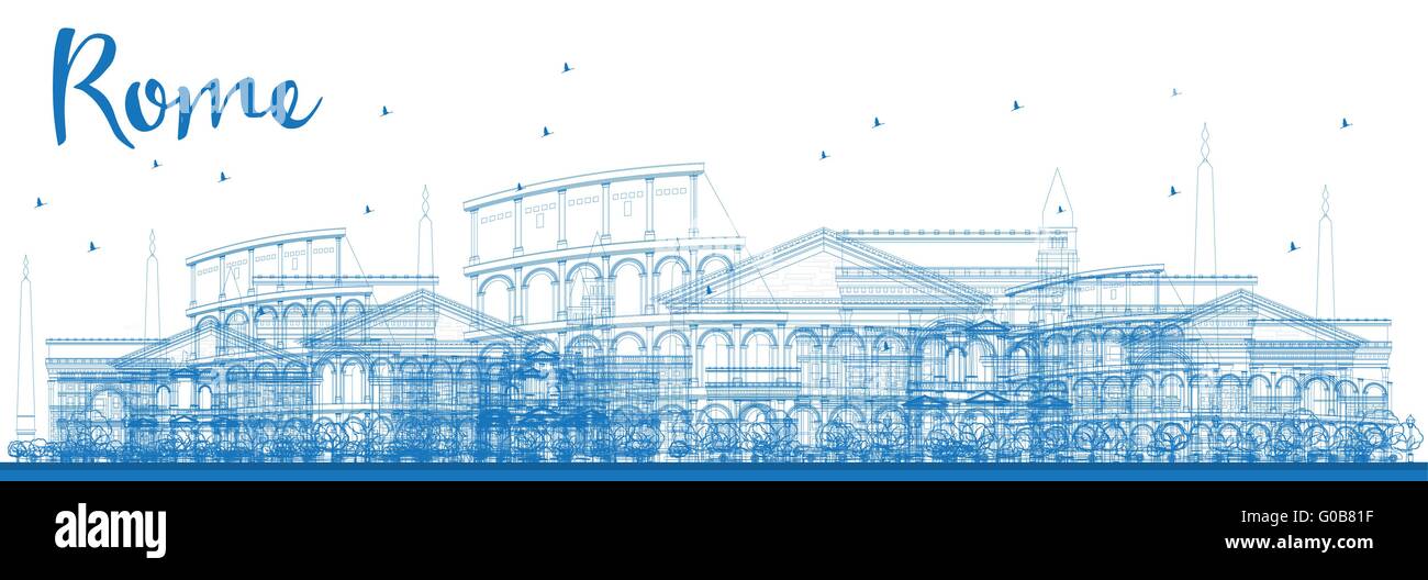 Skyline von Rom mit blauen Wahrzeichen zu skizzieren. Vektor-Illustration. Business-Reisen und Tourismus-Konzept mit historischen Gebäuden. Stock Vektor