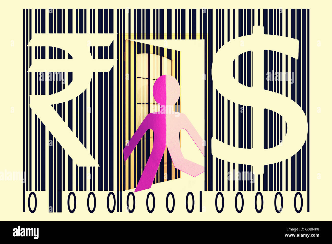 Paperman einen Barcode mit Dollar und Rupie Zeichen aus Stockfoto