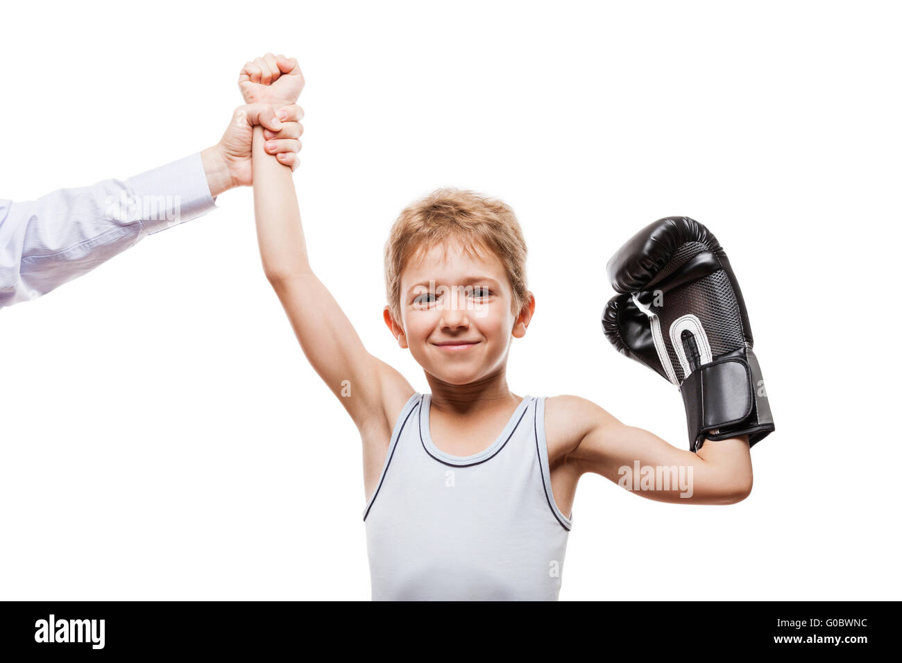 Lächelnd, Box-Champion Kind junge gestikulieren für vi Stockfoto