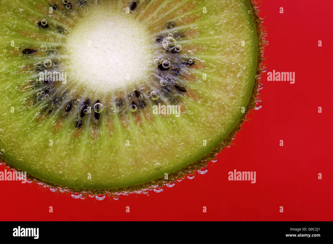 Nahaufnahme einer Kiwi-Scheibe abgedeckt in Wasserblasen auf rotem Grund Stockfoto