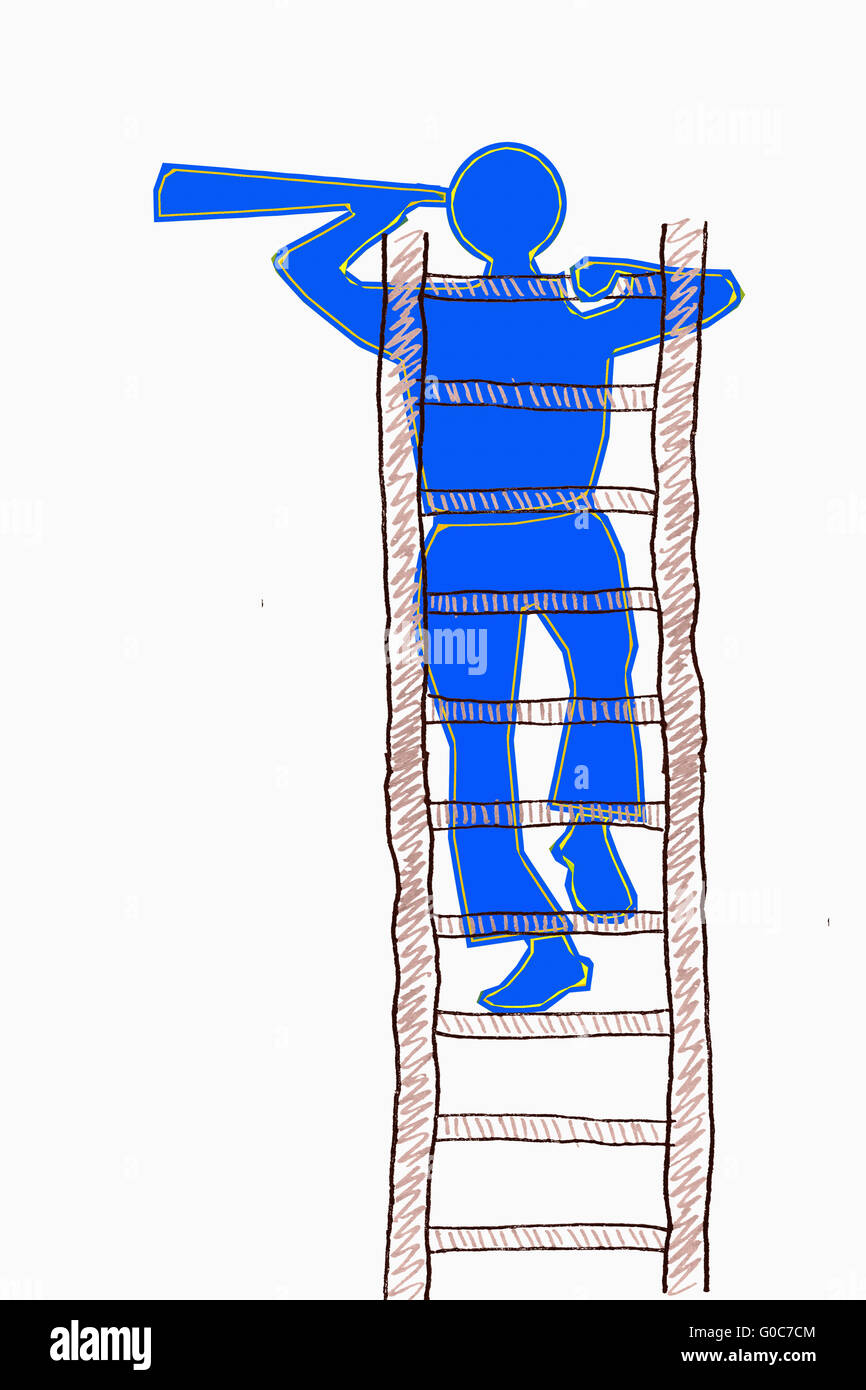 Suche Konzept, Aufstieg auf den Gipfel von einer Leiter und Suche Mann Stockfoto