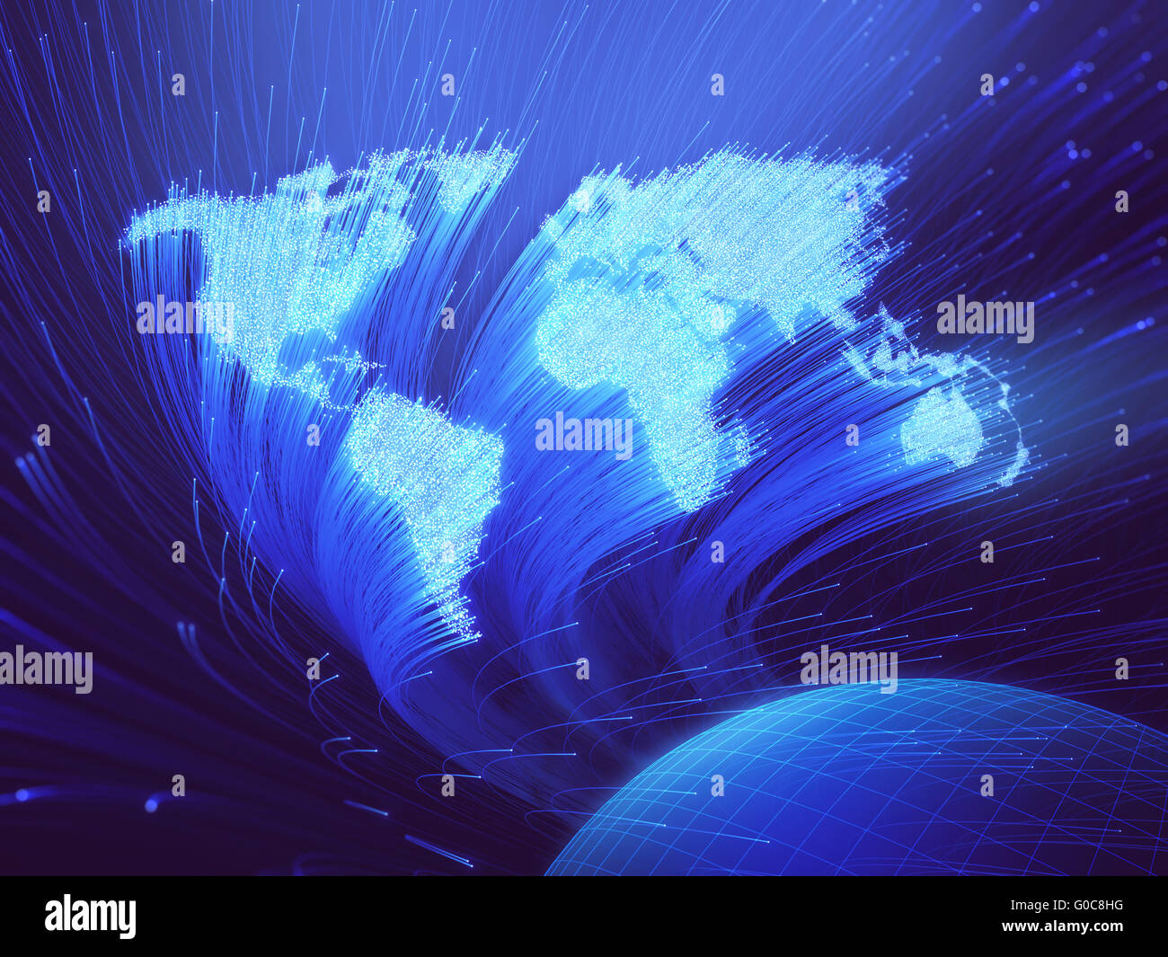 Lichtleitfasern beleuchteten in Form der Weltkarte. 3D Bild-Konzept der globalen Kommunikation durch optische Faser. Stockfoto