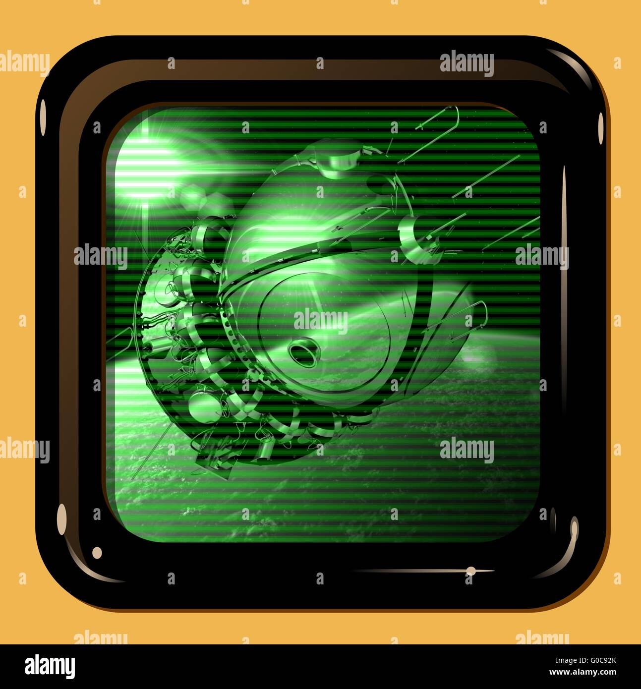 Retro-TV-Bildschirm mit ersten Raumschiff Stockfoto