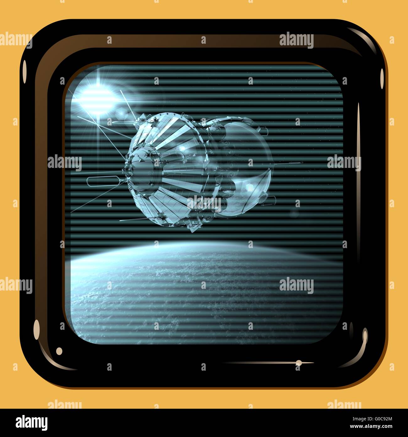 Retro-TV-Bildschirm mit ersten Raumschiff Stockfoto