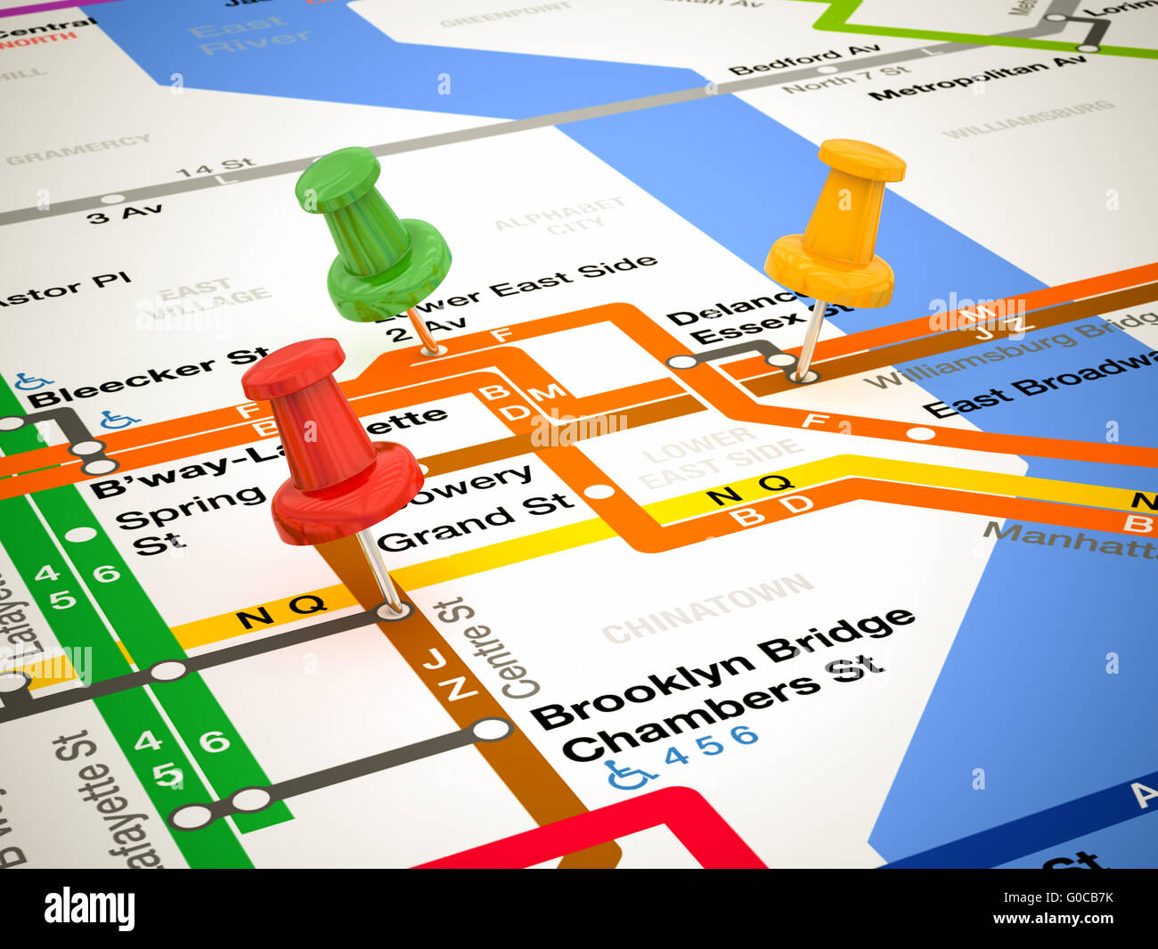 3D Pins und u-Bahn-Karte Stockfoto