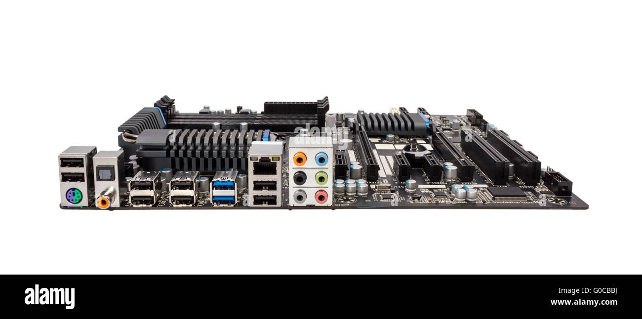 Computer Motherboard isoliert auf weißem Hintergrund Stockfoto